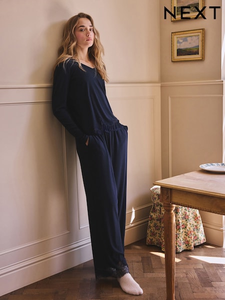 Navy - Lace Detail Cosy Ribbed Long Sleeve Pyjamas