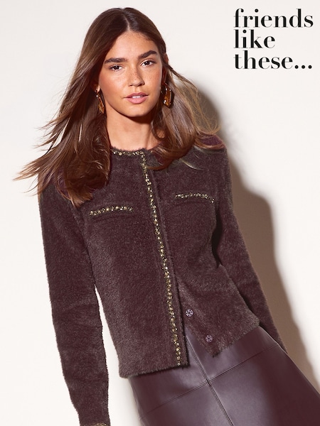 Chocolate Brown - Friends Like These Embellished Eyelash Cardigan