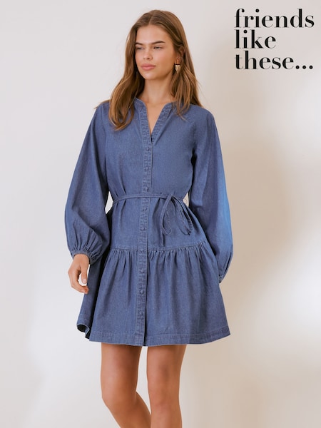 Mid Wash - Friends Like These Tie Waist Lightweight Denim Mini Dress