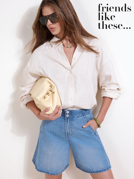 Mid Wash - Friends Like These na Double Button Denim A Line Longline Jort Shorts