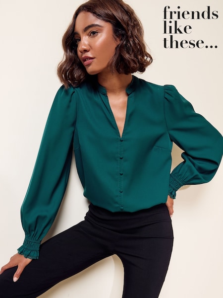 Teal - Friends Like These Long Sleeve Tie Neck Blouse With Shirred Cuffs