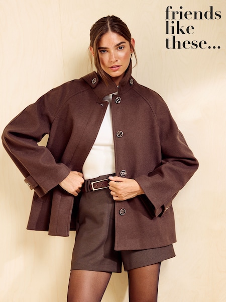 Chocolate Brown - Friends Like These Short Cosy Funnel Swing Coat