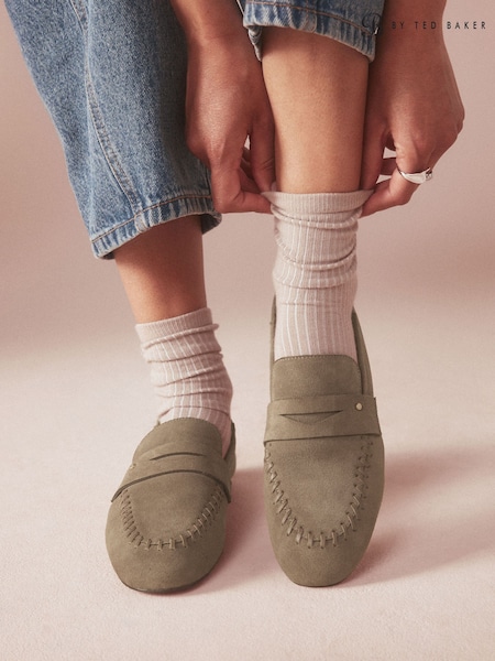Taupe - B By Ted Baker Leather Round Toe Whipstitch Detail Soft Back Loafers