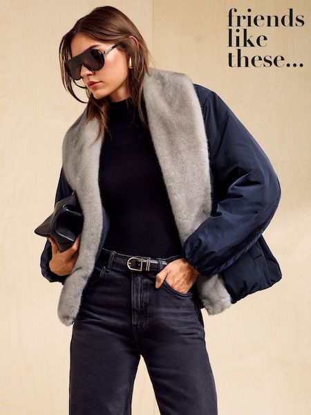 Navy - Friends Like These Oversized Faux Fur Trim Padded Bomber Coat