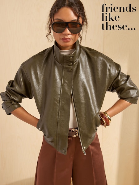 Olivgrün - Friends Like These Faux Leather Short Funnel Neck Jacket