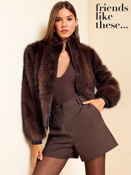 Chocolat Marron - Friends Like These Tipped Faux Fur Short Bomber Jacket