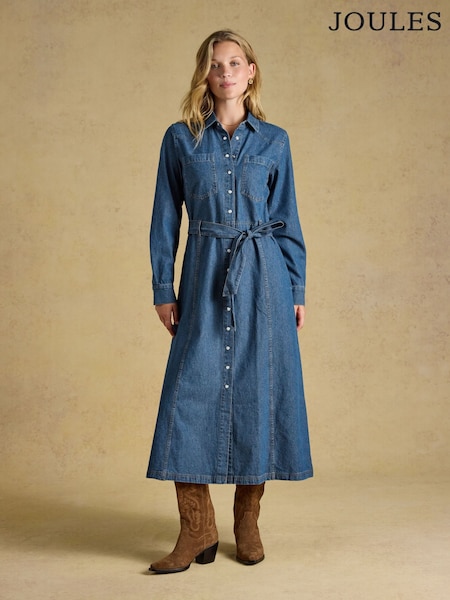 Blue - Joules Denim Tie Waist Shirt Dress