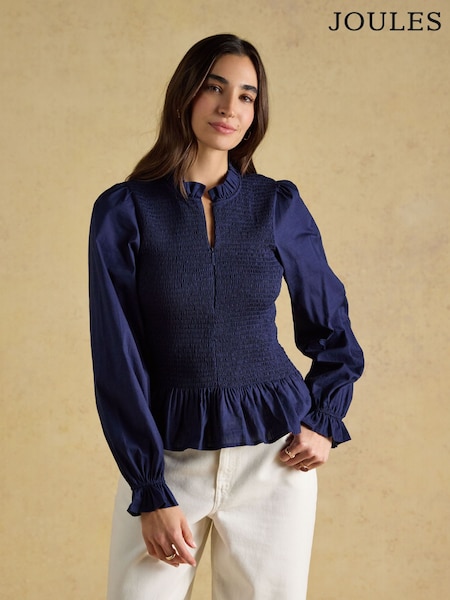 Navy - Joules Zoe Long Sleeved Smocked Blouse