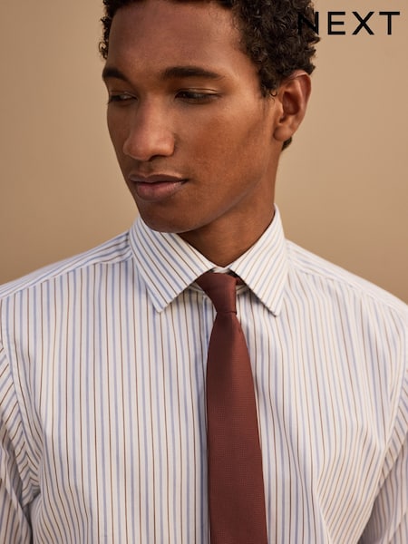 White/Blue/Brown - Regular Fit Two Tone Stripe Formal Shirt And Tie Set
