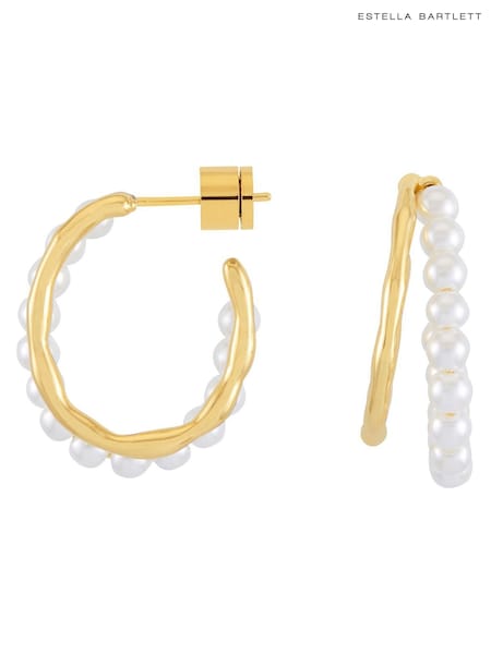 The Edit by Estella Bartlett Gold Tone Pearl and Molten Metal Double Illusion Hoop Earrings (V59540) | KWD24.500