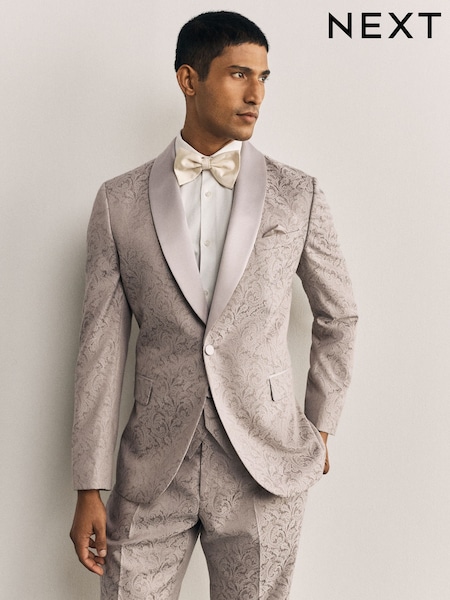 Neutral - Regular Slim Fit Satin Shawl Lapel Jacquared Tuxedo Suit Jacket