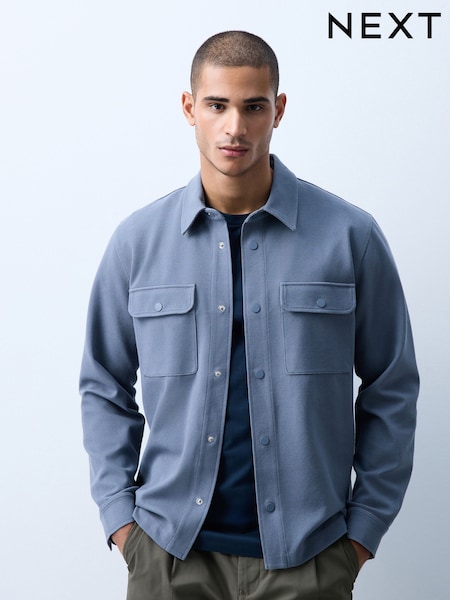 中蓝色 - Regular Jersey Twill Popper Shacket