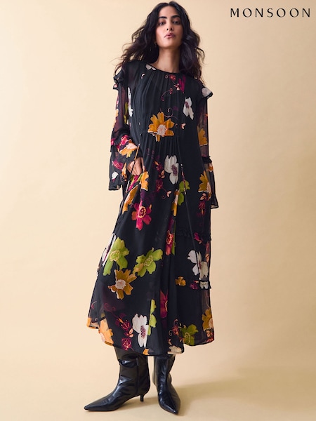 Monsoon Black Clemence Camille Floral Georgette Midi Dress (V59652) | SGD 387