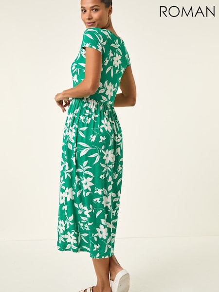 Roman Green Floral Print Pocket Midi Dress (V59700) | kr857