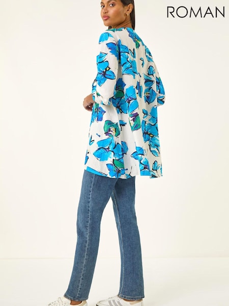 Roman Blue Floral Wrap Hem Stretch Tunic Top (V59707) | $105