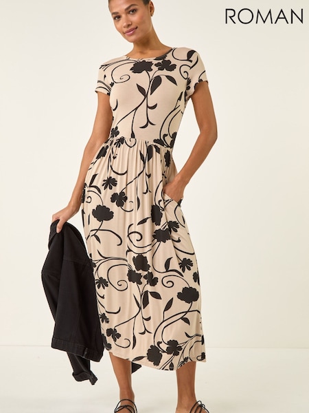 Roman Brown Shadow Floral Print Pocket Midi Dress (V59716) | $120