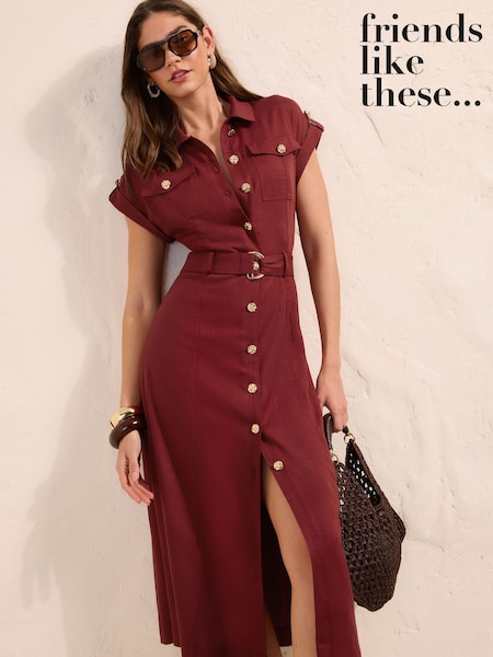 Rust Red - Friends Like These Button Through Belted Shirt Midi Dress