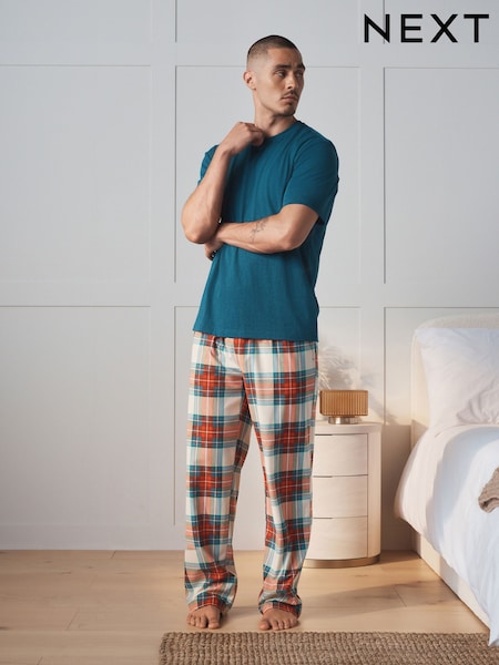 Rojo/azul - Regular Short Sleeve Cosy Check Jersey Pyjamas Set