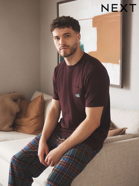 Plum Purple - Regular Short Sleeve Cosy Check Jersey Pyjamas Set