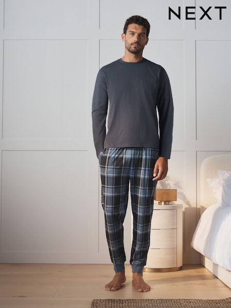 כחול/אפור - Regular Pure Cotton Long Sleeve Jersey Pyjamas Set
