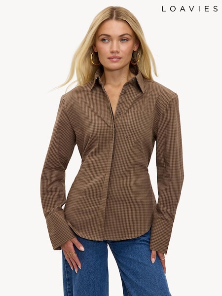 LOAVIES Campfire Currents Button Up Gingham Cinch Waist Brown Shirt (V59960) | 234 QAR