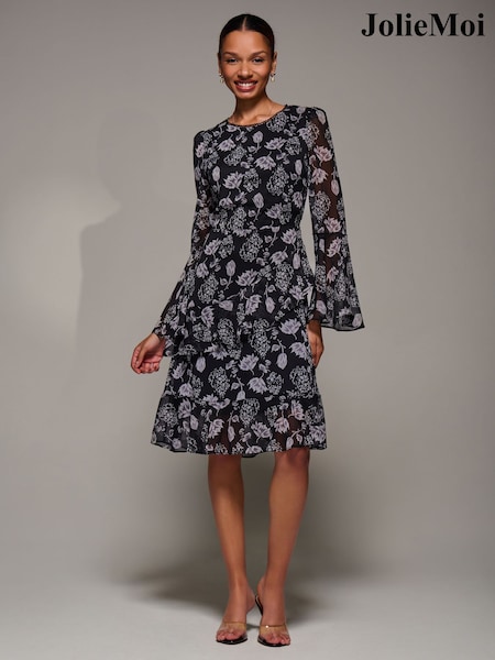 Jolie Moi Black Long Sleeve Frill Chiffon Knee-Length Dress (V60094) | AED396