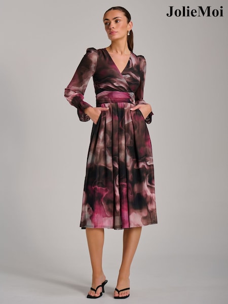 Jolie Moi Brown Long Sleeve Printed Mesh Midi Dress (V60095) | SGD 151