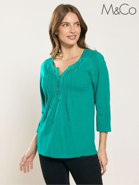 M&Co Green 3/4 Sleeve Henley Top (V60231) | SGD 41
