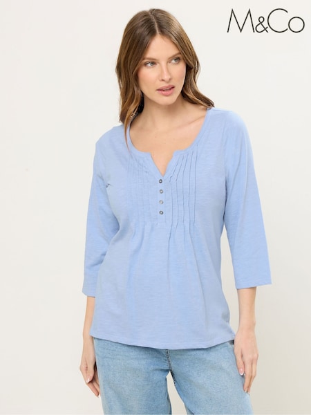 M&Co Blue 3/4 Sleeve Henley Top (V60236) | SGD 41