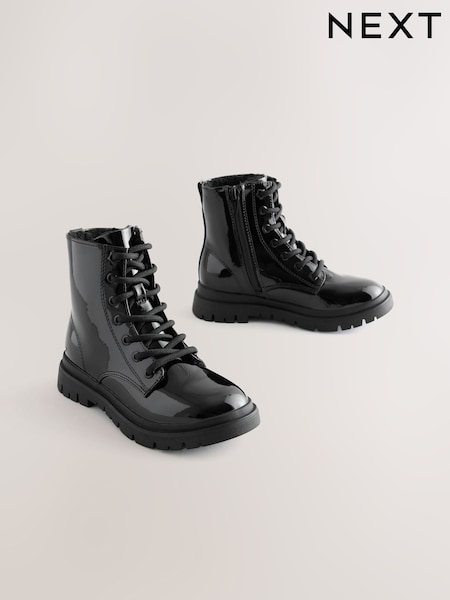 Black Patent - Warm Lined Lace-up Boots