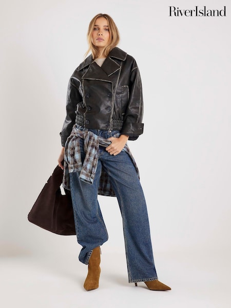 River Island Black Faux Leather Collared Bomber Jacket (V60481) | AED373