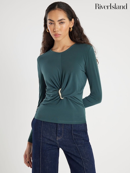 River Island Green Long Sleeve Wrap Detail Gold Trim Top (V60488) | AED210