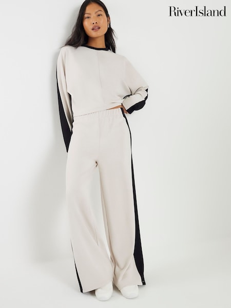 River Island Cream Petite Premium Colour Block Wide Leg Trousers (V60489) | $97