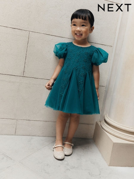 Petrolblau - 3d Flower Godet Occasion Dress (3mths-8yrs)