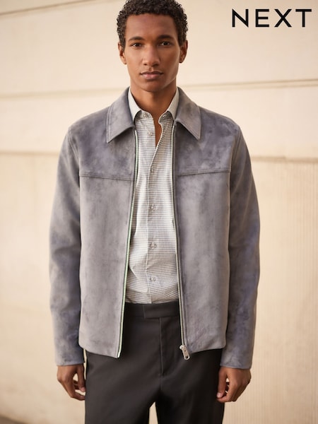 Grey - Regular Smart Faux Suede Zip Up Jacket
