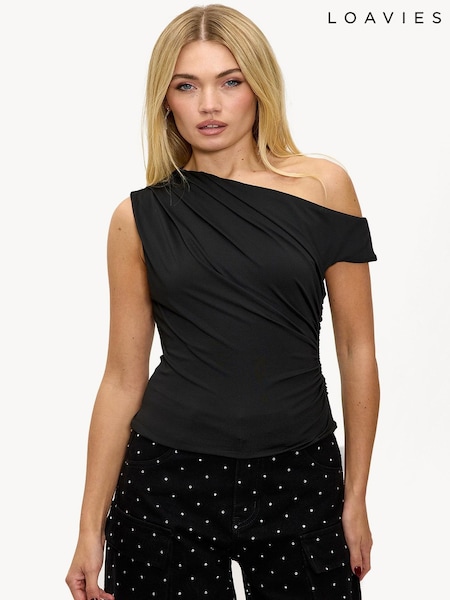 LOAVIES Flowers Of Forever Drape Off Shoulder Black Top (V60734) | 125 QAR