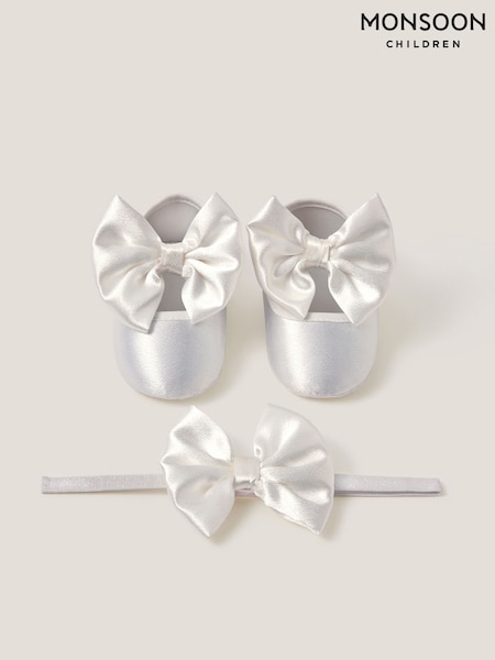 Monsoon Cream Baby Satin Bow Headband & Booties Set (V60737) | AED128