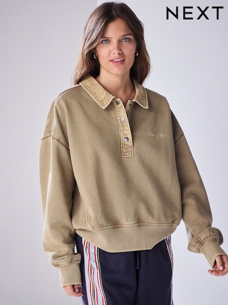 Green - Popper Neck Washed Rugby Sweat Top