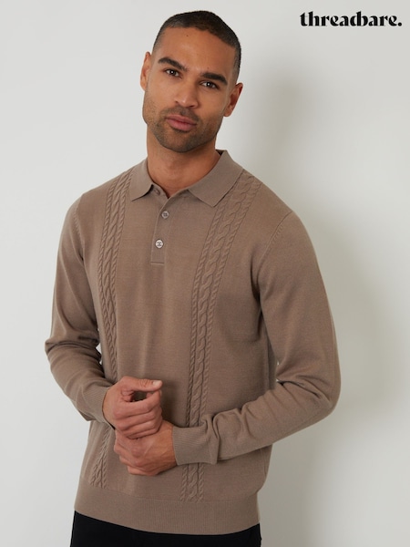 Threadbare Brown Cable Knit Long Sleeve Polo Jumper (V60809) | $60