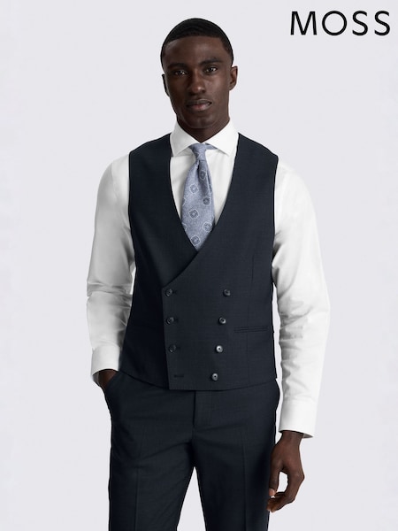 MOSS Navy Tailored Fit Performance Puppytooth Suit Waistcoat (V61238) | AZN 325