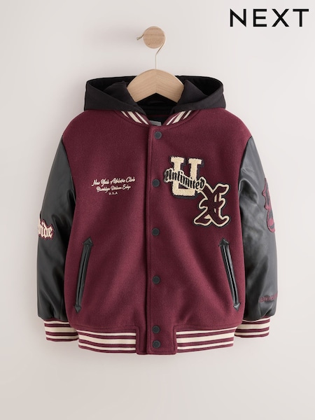 Burgundy Red - Varsity Faux Leather Hooded Jacket (6-16yrs)
