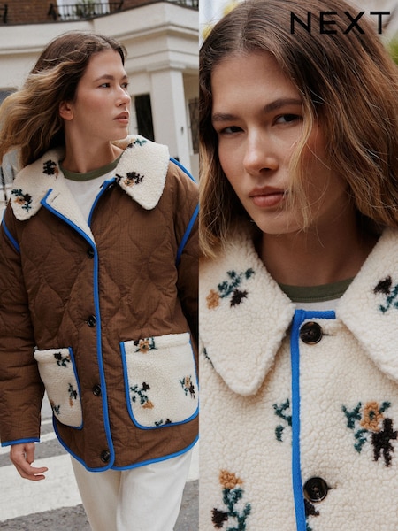 Floral/marrón - Chaqueta guateada reversible de borreguito