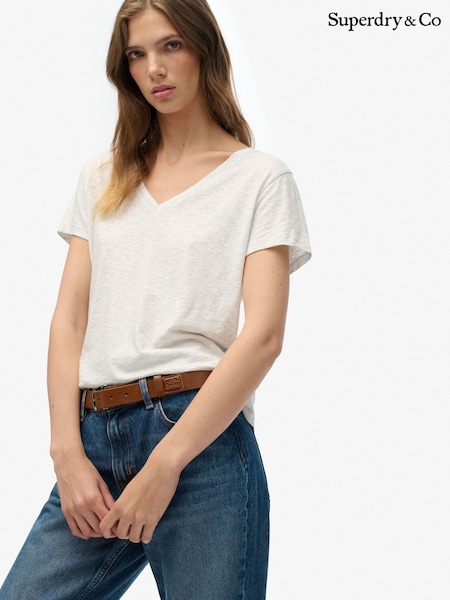 Classic White - Superdry Slub Embroidered V-neck T-shirt