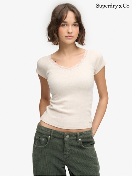 Cream - Superdry Ath Ess Lace Trim V-neck T-shirt