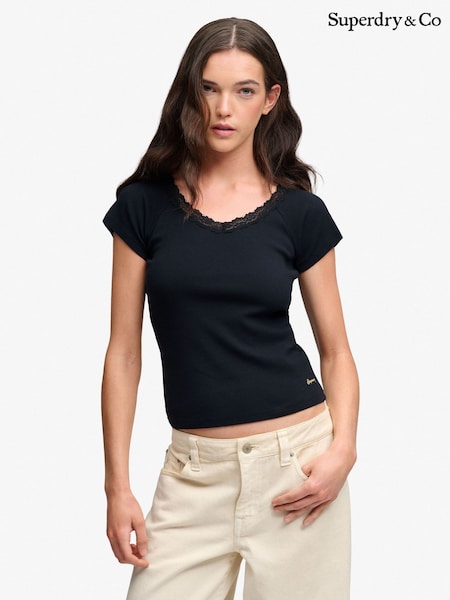 Blue - Superdry Ath Ess Lace Trim V-neck T-shirt