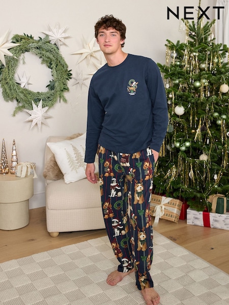 Navy Dog Print - Regular Matching Family Christmas Long Sleeve Pyjamas Set