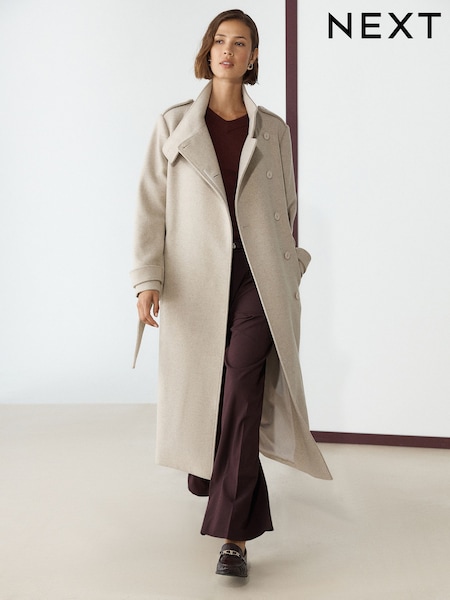 Neutral Cream - Double Breasted Formal Funnel Neck Coat With Wool