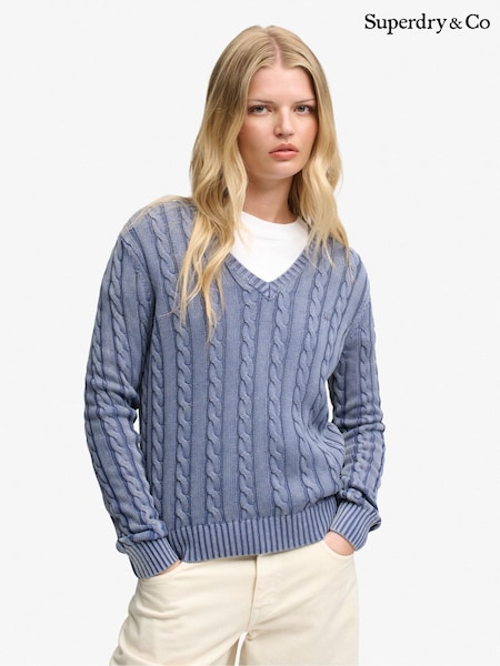 Blue - Superdry Washed V-neck Cable Jumper