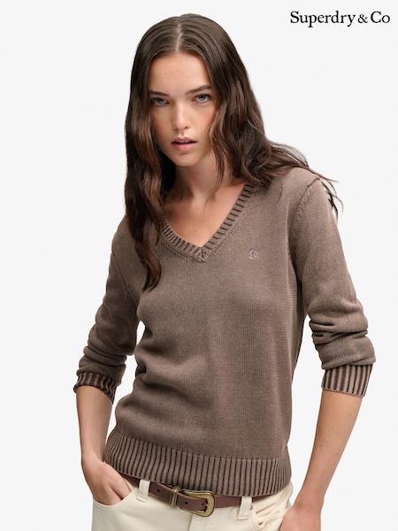 Marrón - Superdry Washed V-neck Jumper