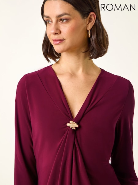 Roman Red V-Neck Metal Trim Stretch Blouse (V61735) | €63